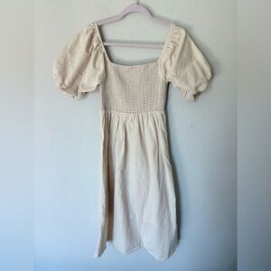 7 for All Mankind Smocked Linen Cream Midi Dress Size XS